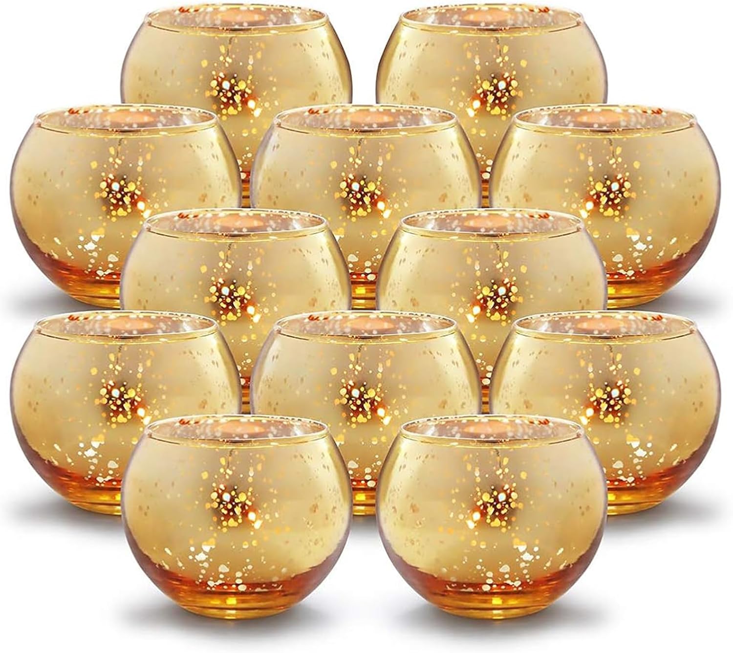 Volens Round Gold Votive Candle Holders, Mercury Glass, Set of 12