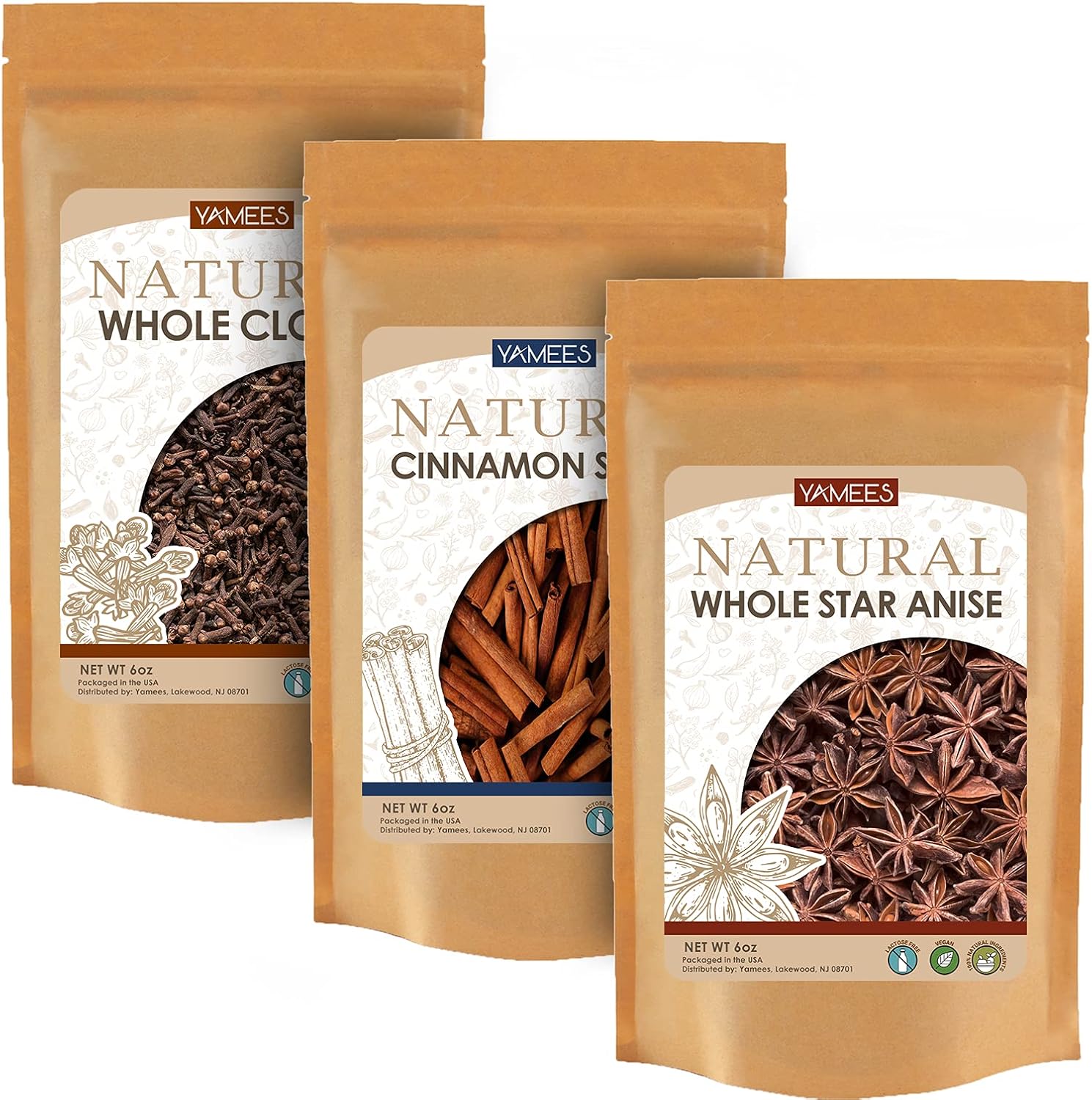 Yamees Cinnamon Sticks, Whole Cloves, and Star Anise, Bulk 18 Oz