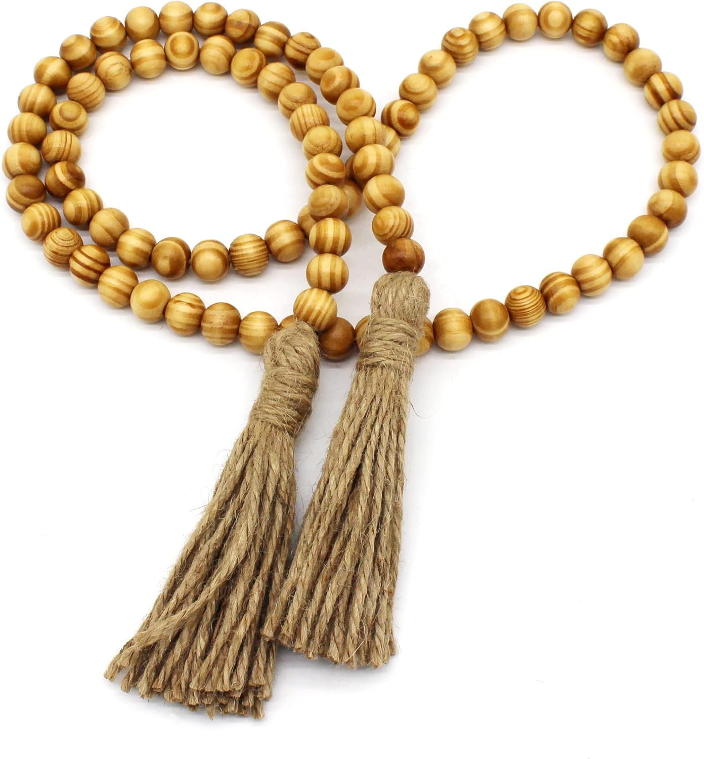 CVHOMEDECO Wood Grain Beads Garland with Tassels, Light Tan