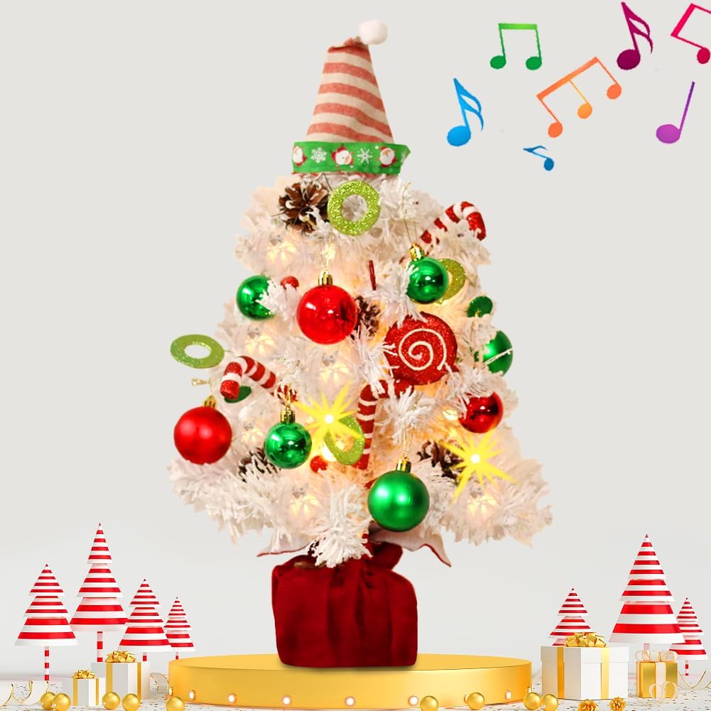 Mini White Christmas Tree, Small Flocked Pre-Lit Tabletop Tree
