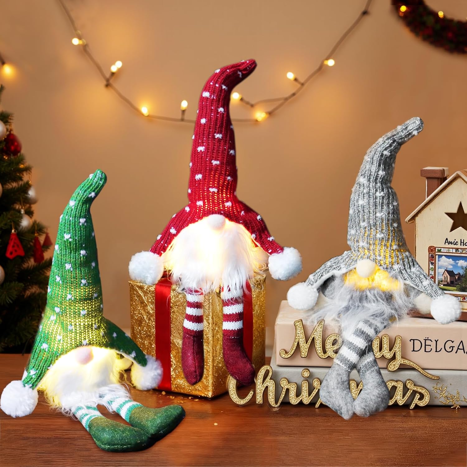 UXORSN 3Pcs Lighted Christmas Gnome Decorations, 14 Inch