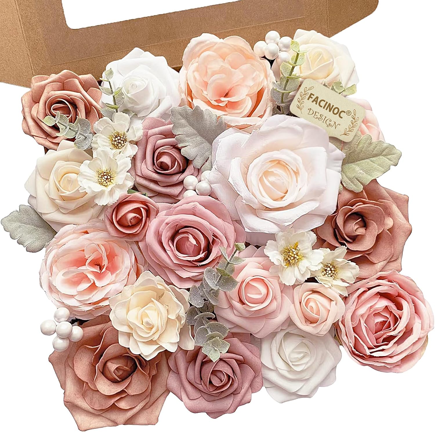 FACINOC Dusty Pink Rose Artificial Flowers with Stems, Bulk