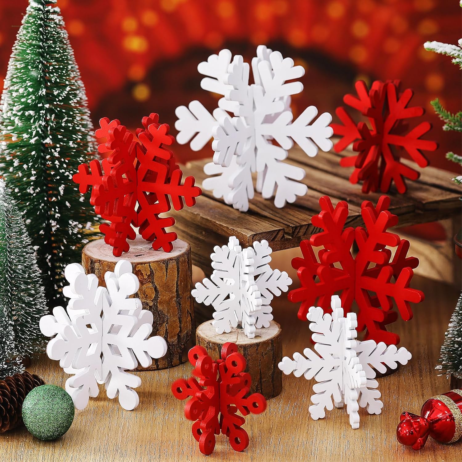 Wenqik 16 Pcs Winter Wooden Snowflake Tabletop Decor