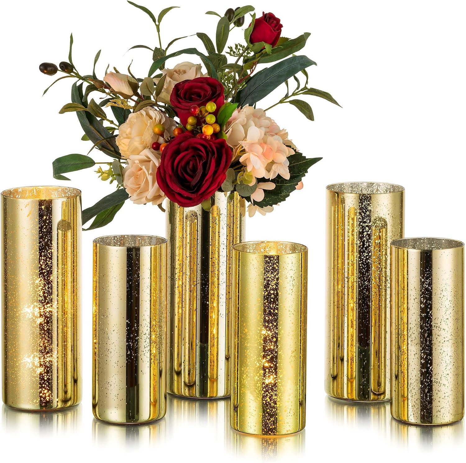Glasseam Gold Cylinder Vases for Centerpieces, 6 Mercury Glass Vase Set
