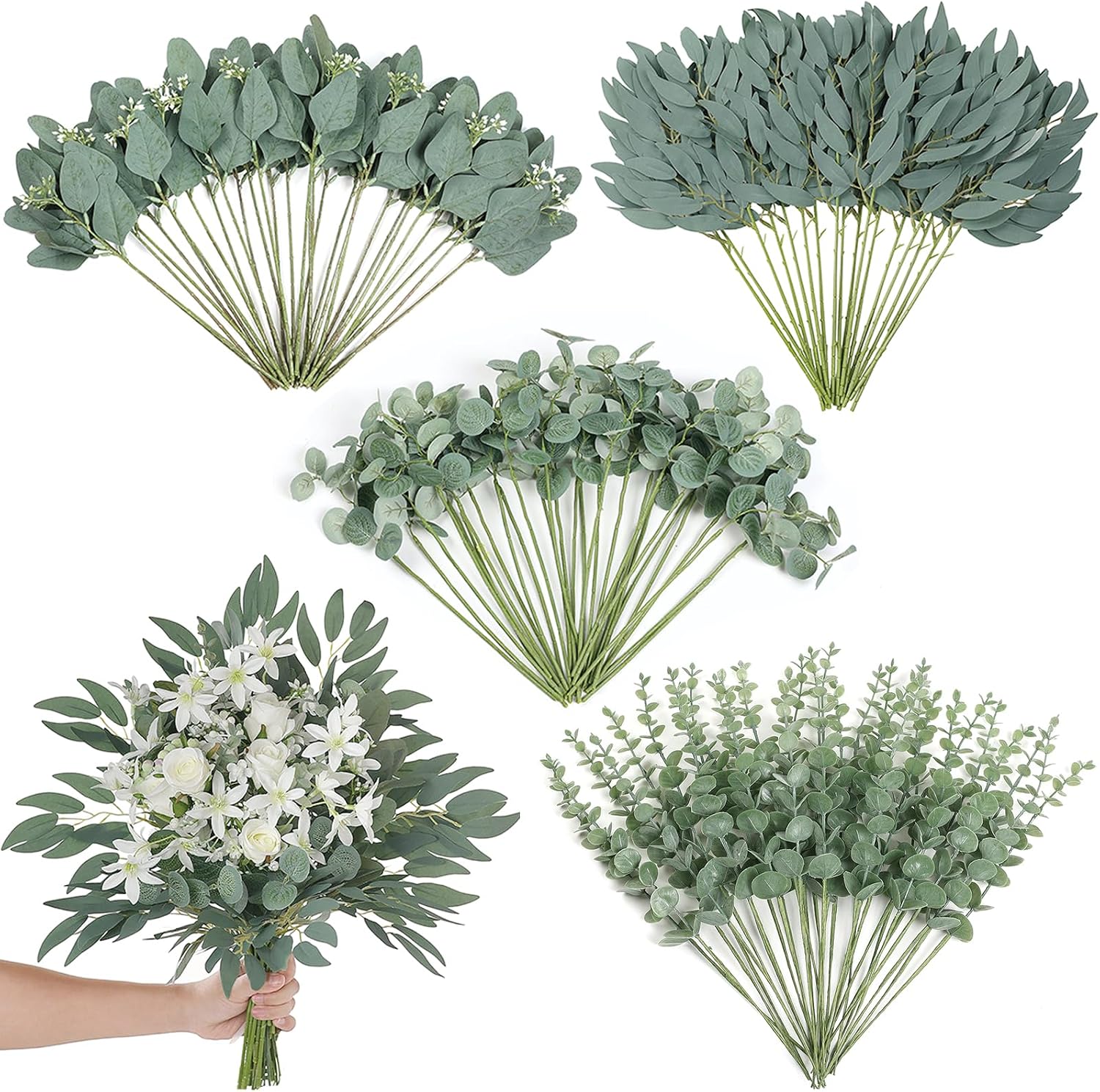 120 Pcs Mixed Artificial Eucalyptus Leaves Stems Bulk