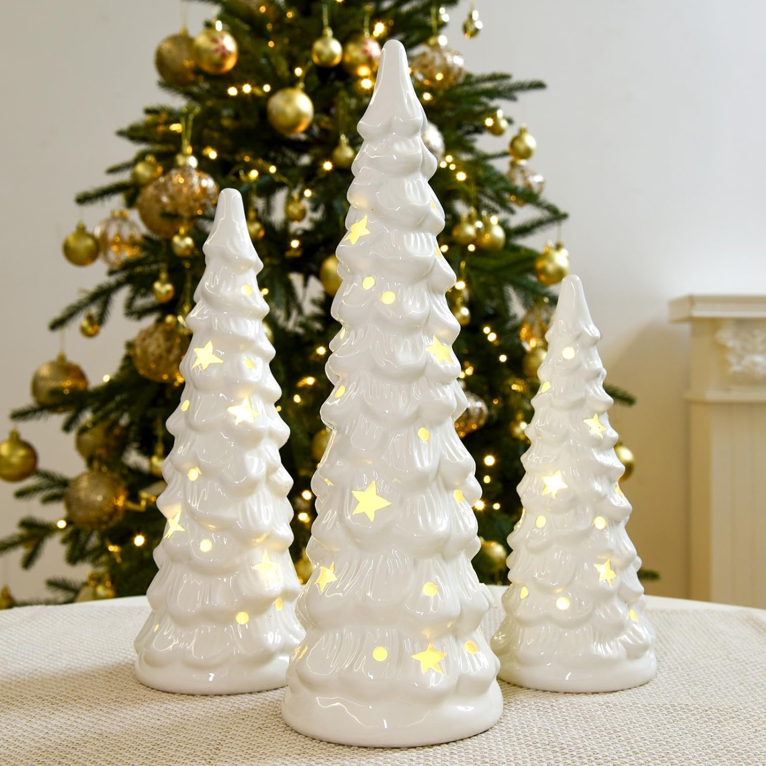JETEHO Set of 3 White Ceramic Christmas Trees that Light Up