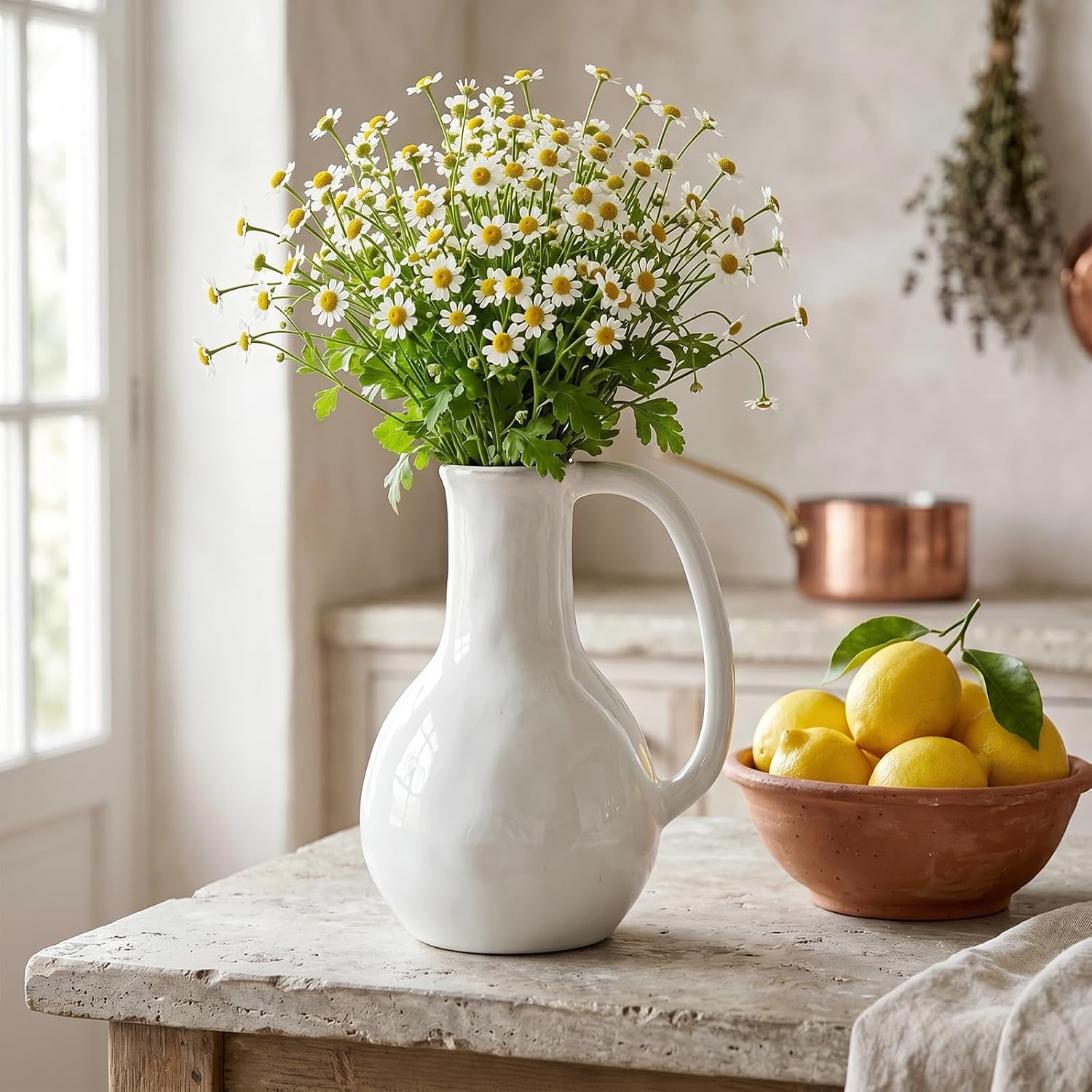GarDream White Ceramic Vase with Handle, 8.5 Inch Farmhouse Pitcher