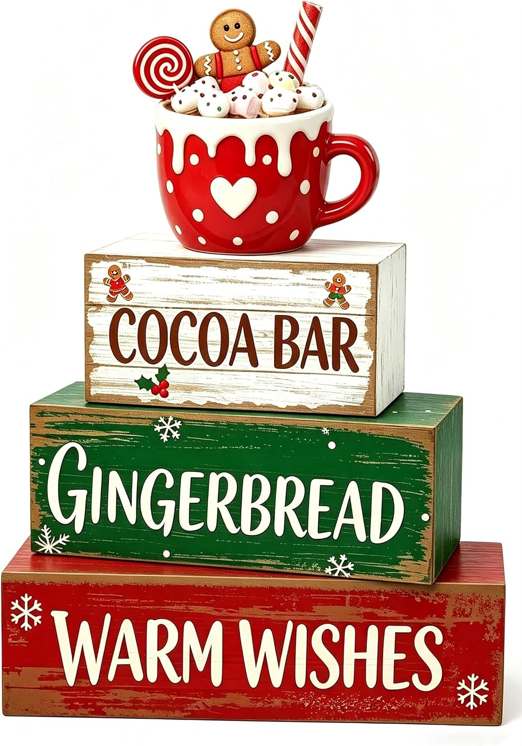 4 Pcs Cocoa Bar Christmas Tiered Tray Decor, Wood Block Signs