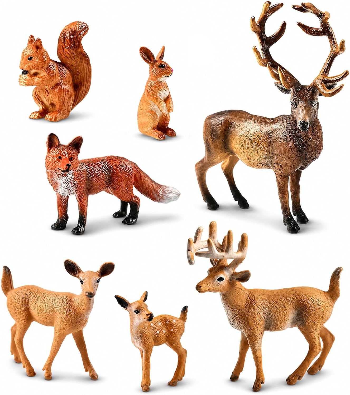 7 Pcs Woodland Animal Figurines Set with Deer Family, Fox, Squirrel & Rabbit