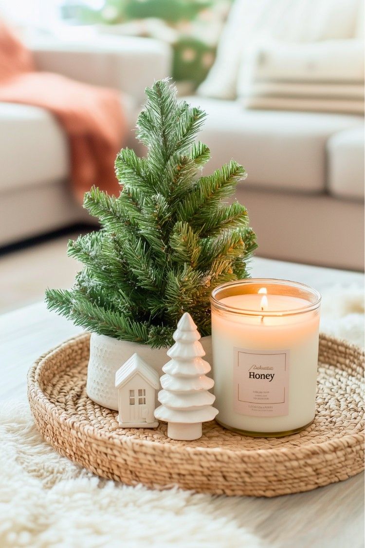 Woven tray with a mini potted Christmas tree and a lit candle