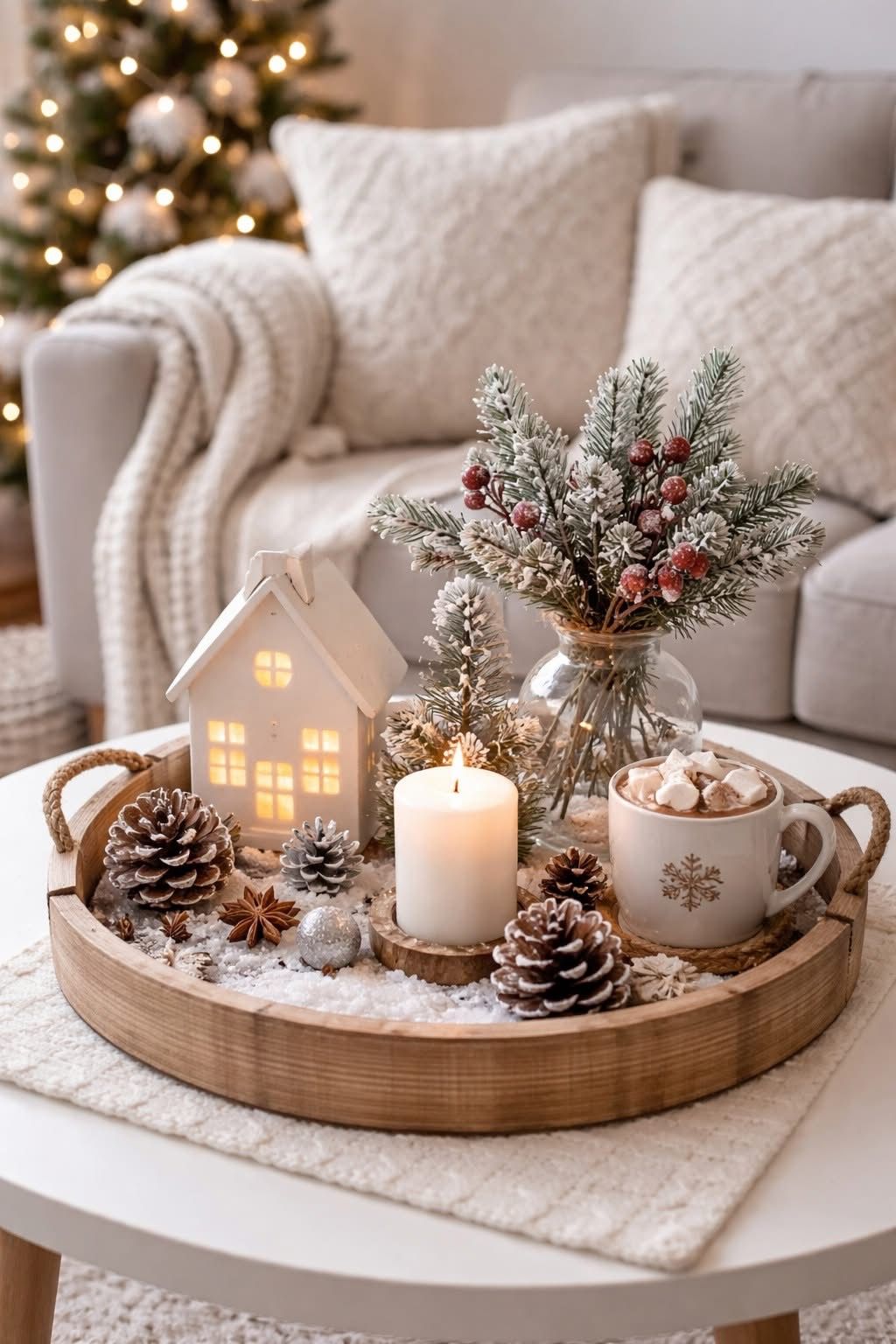 Round wood tray with hot cocoa mug, pinecones, and a lit mini house