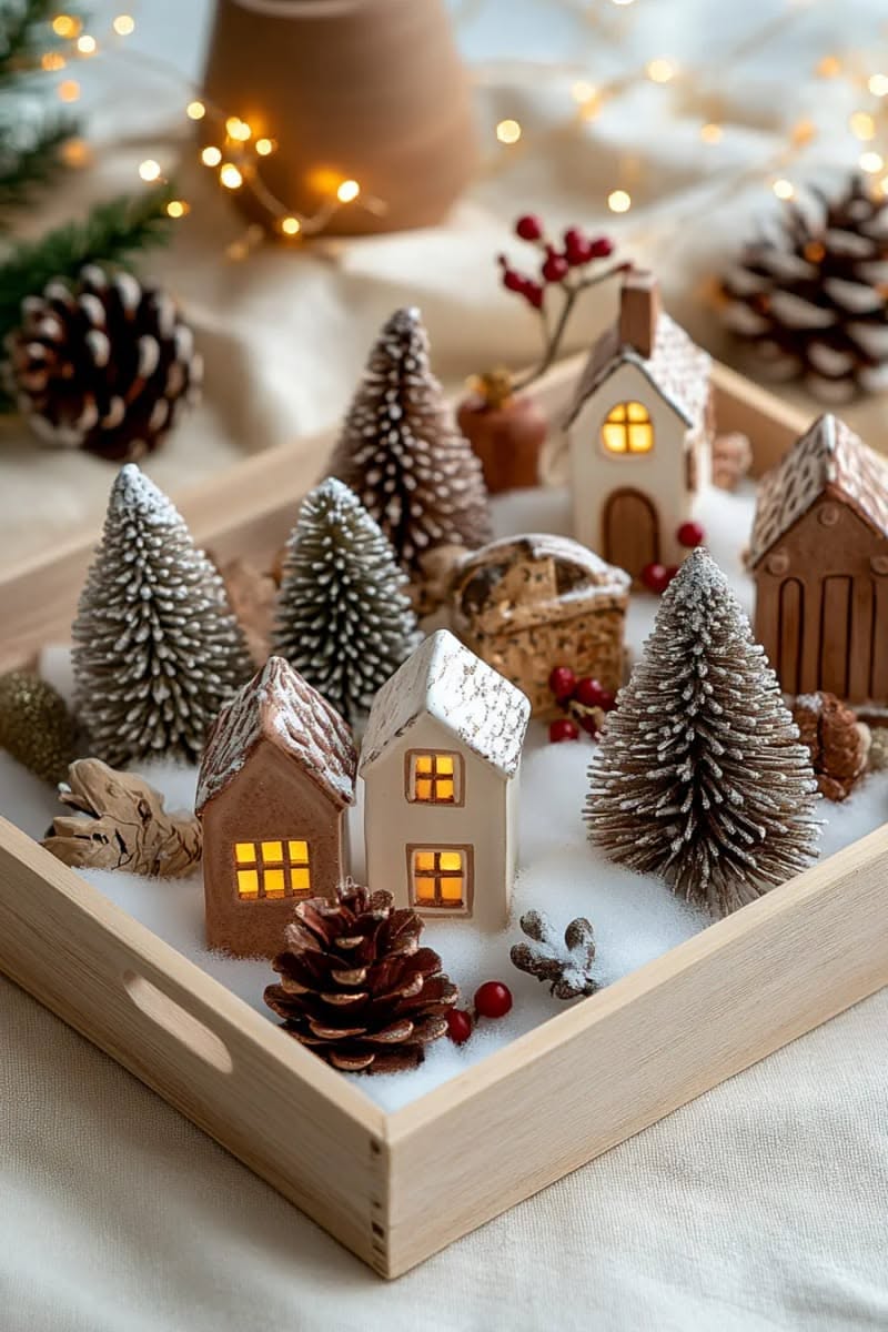 Pale wood tray with faux snow, glowing ceramic houses, frosted trees, pinecones and red berries