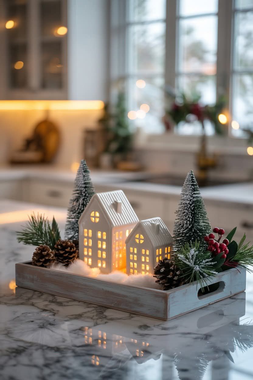 Lit ceramic Christmas village tray on a marble kitchen island