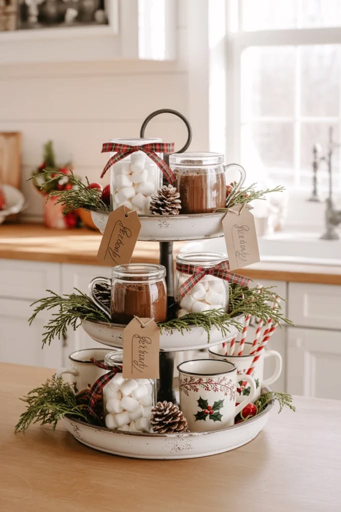 Tiered tray with hot cocoa jars tied with ribbon and gift tags
