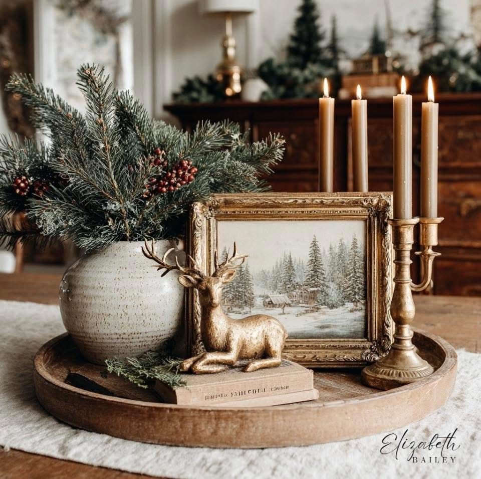 Round tray with a gold deer figurine and a small framed winter print