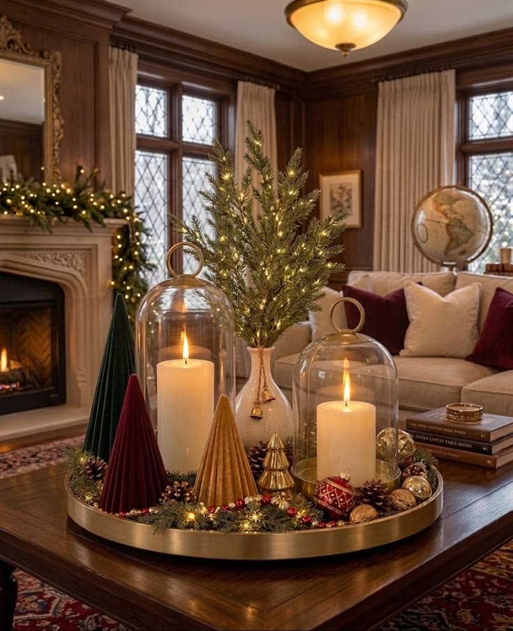 Gold tray with glass cloche candles and velvet cone trees