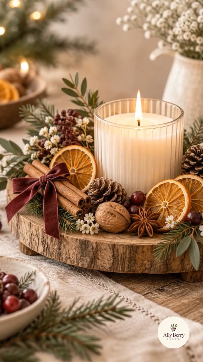 Log slice centerpiece with a ribbed white candle ringed by dried orange slices, cinnamon sticks, walnuts, star anise and a burgundy velvet bow