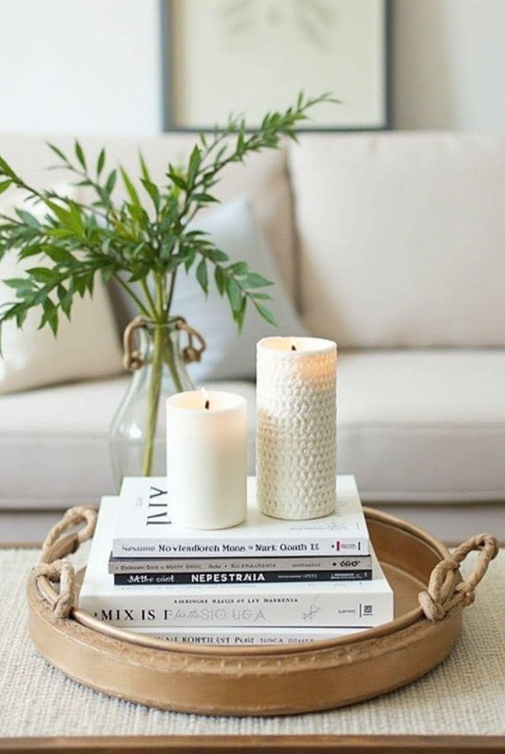 Coffee table tray with a stack of books and a wood dough bowl
