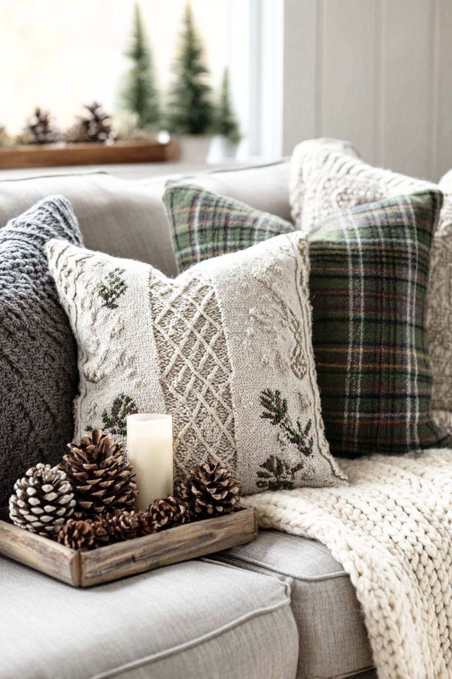 Sofa-side tray with pinecones, a candle, and a plaid pillow nearby