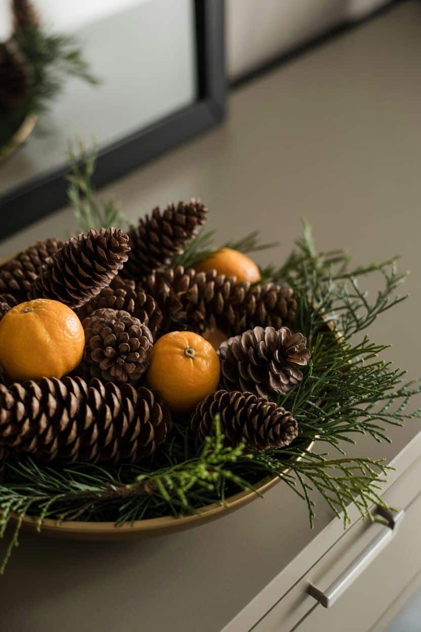 Gold bowl filled with pinecones and fresh mandarin oranges