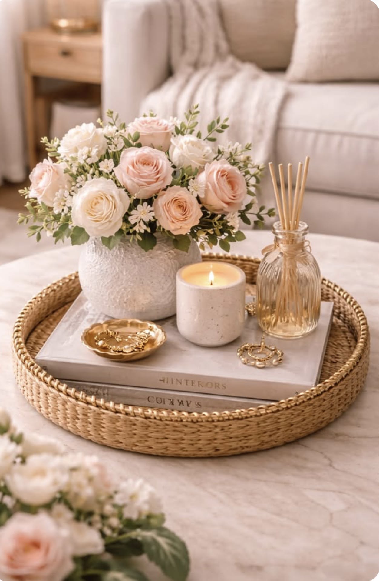 Tray with dusty pink roses and a reed diffuser bottle