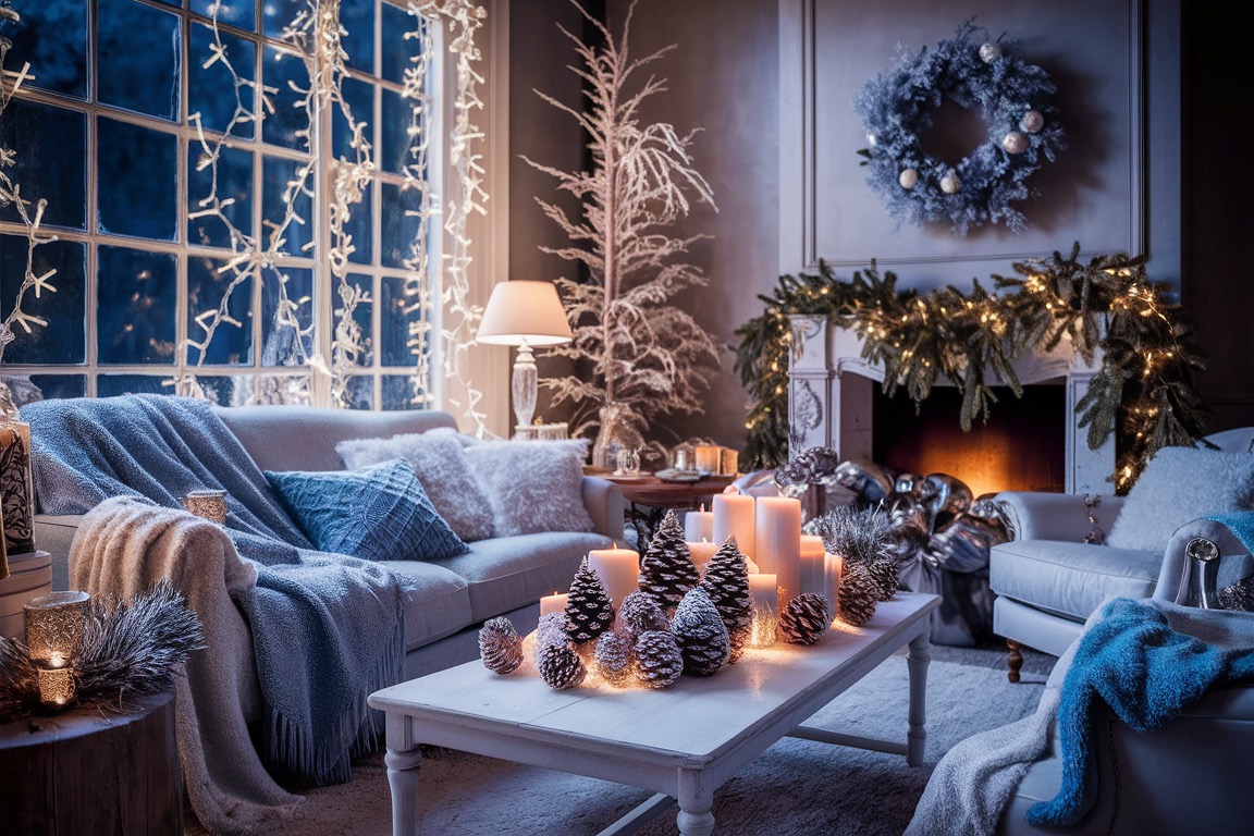 Cozy winter living room with string lights, a flocked wreath and a candlelit coffee table