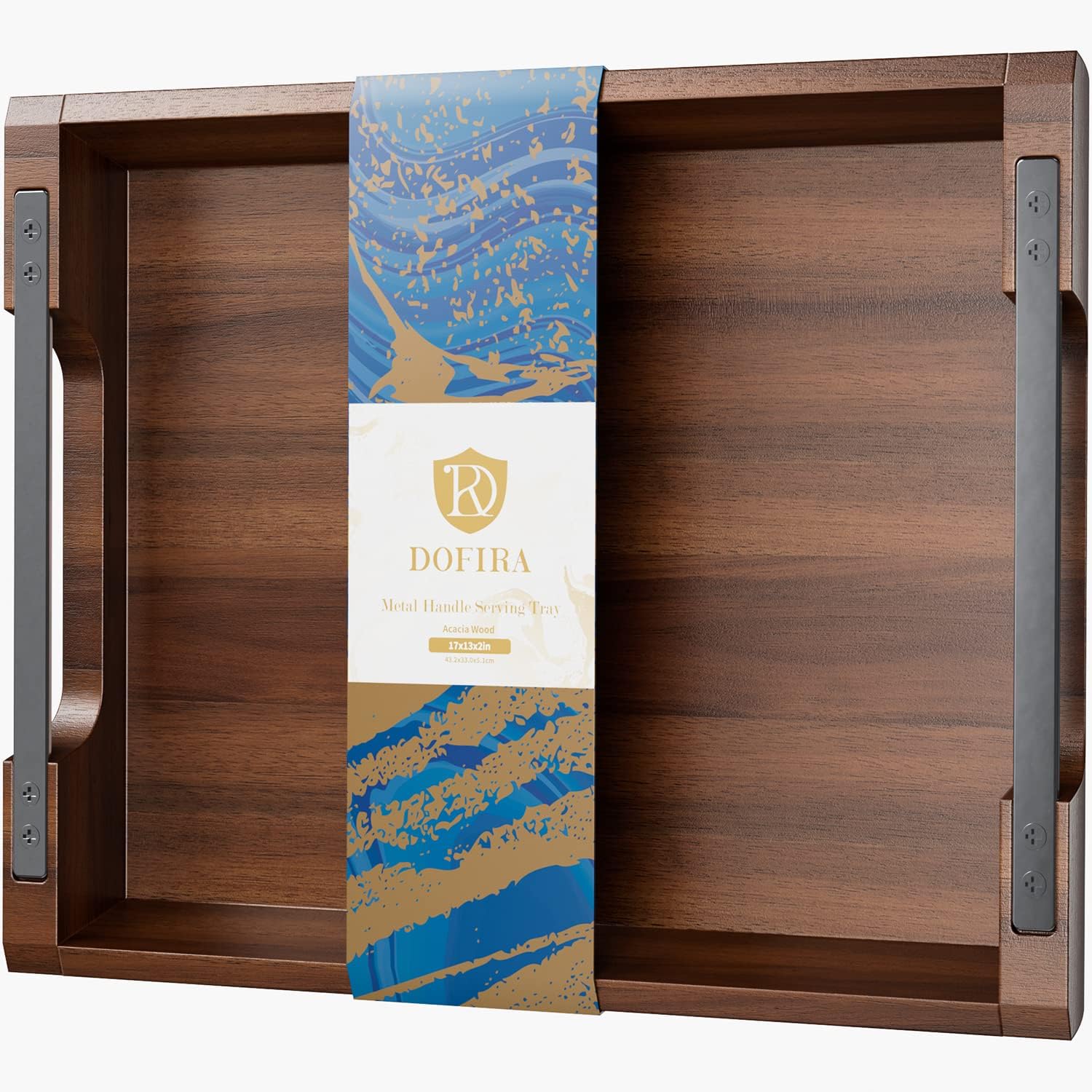 Acacia Wood Serving Tray with Metal Handles, 17 x 13 Inch, for Ottoman