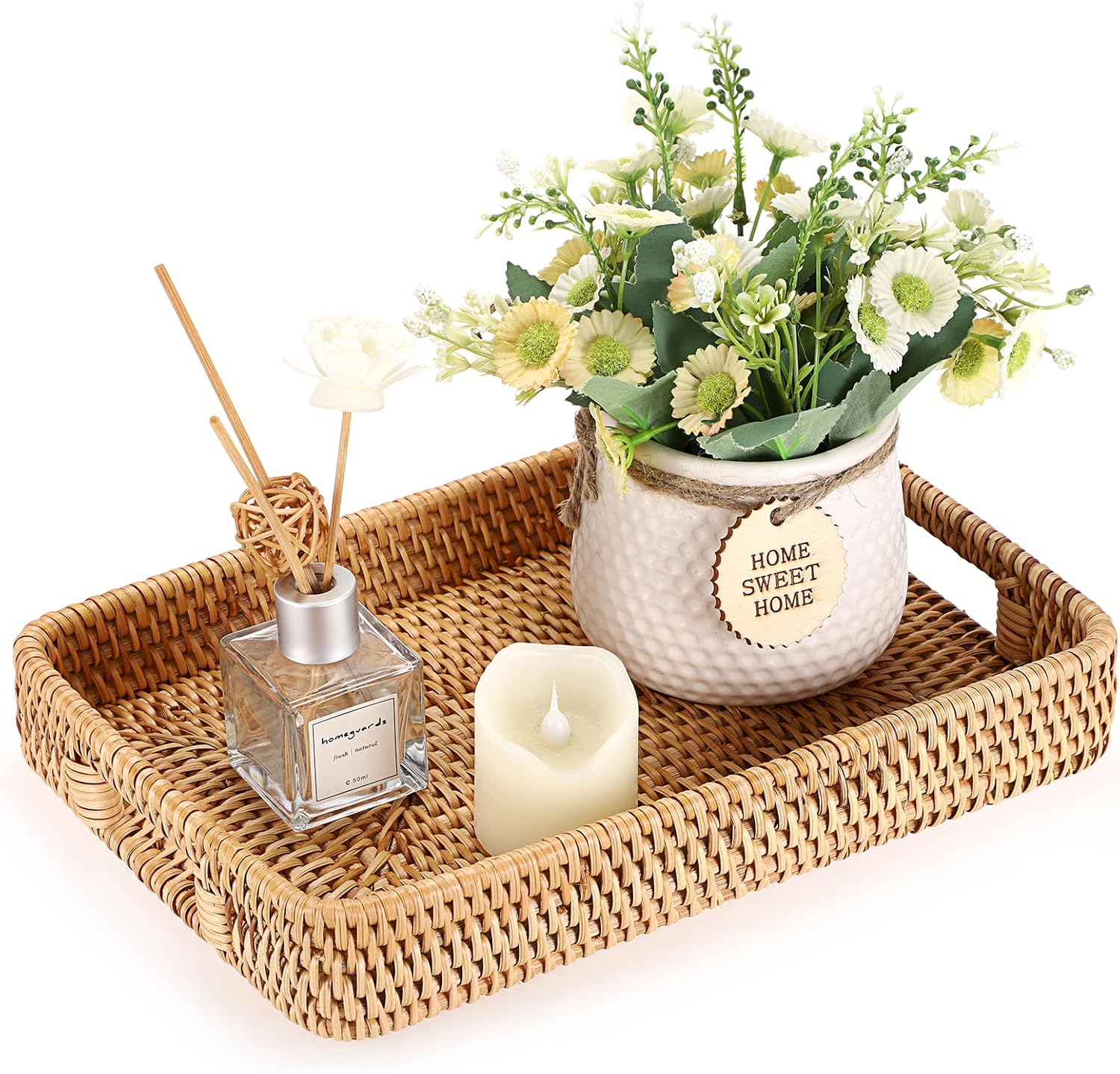 Hipiwe Hand Woven Rattan Serving Tray with Handles, Rectangular