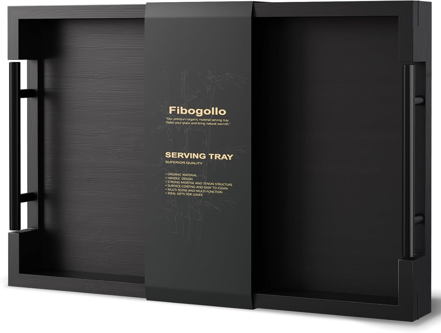 Fibogollo Bamboo Serving Trays with Metal Handles, Medium, Black